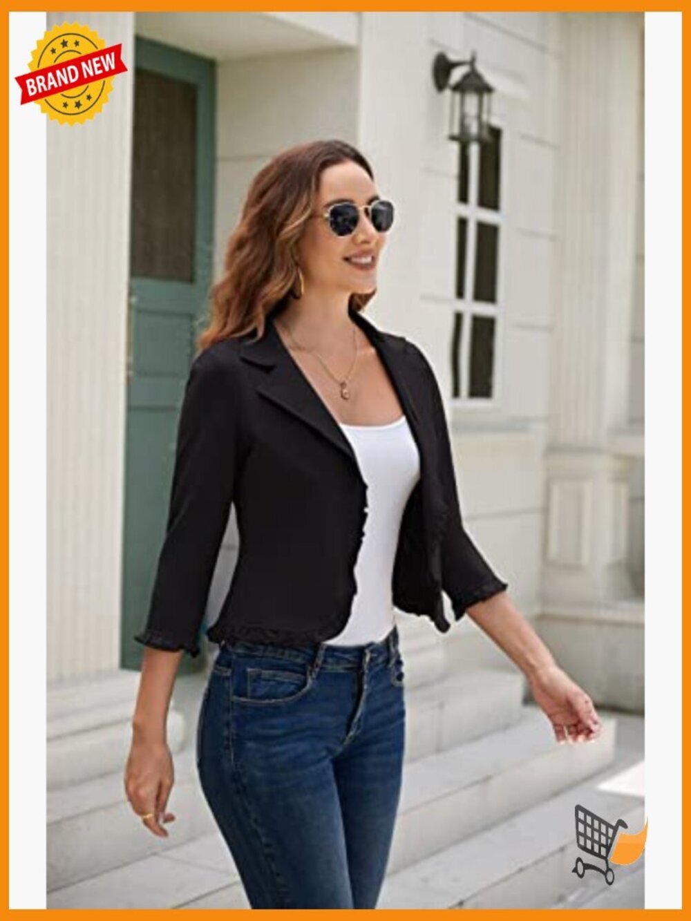 3/4 Sleeve Cropped Blazer Lightweight Open Front Cotton Cardigan Jacket - Picture 5 of 7